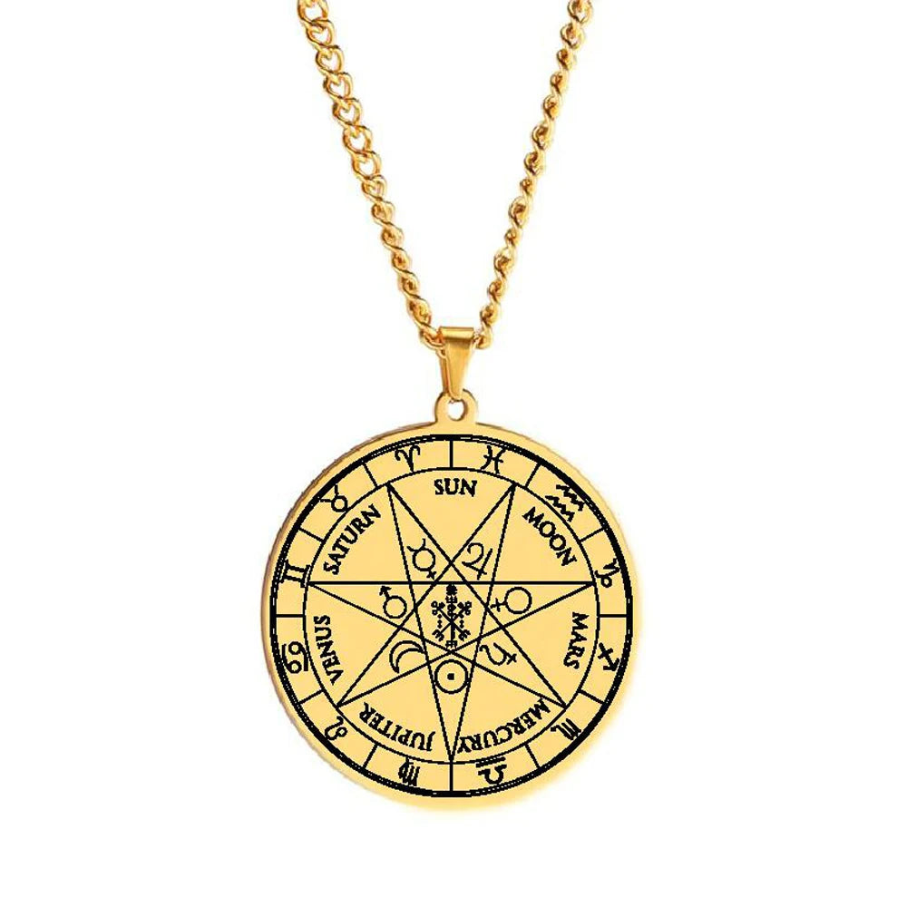 7 Archangels Seal of Saint Cyprian Pentacle Pentagram 12 Zodiac Sun Moon Magic Amulet Talisman Stainless Steel Pendant Necklace