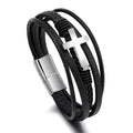 Men's Religious Faith Leather and Steel Cross Bracelet Fashionable Buckle Wristband