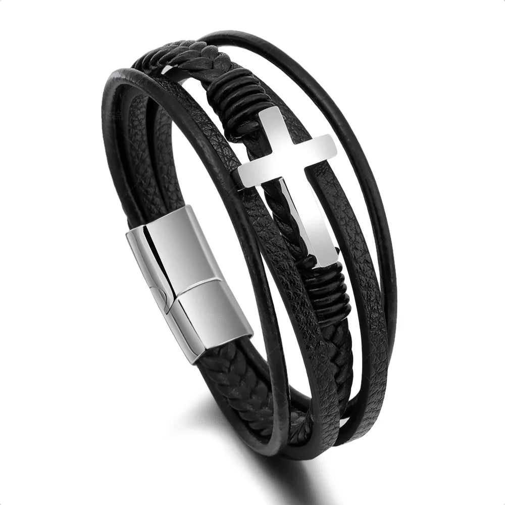 Men's Religious Faith Leather and Steel Cross Bracelet Fashionable Buckle Wristband