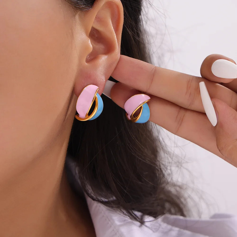 Vintage Morandi Color Oil Dripping Stainless Steel Earrings Minimalist Design Geometric Color Contrast Leaf Shaped Stud Earrings