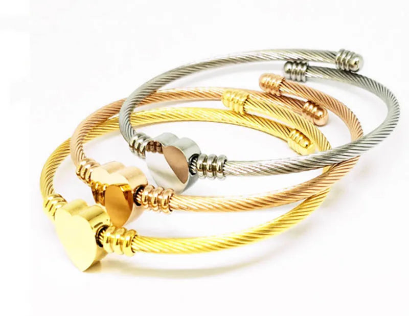 High Quality Classic Design 316L Stainless Steel Wire Adjustable Heart Bangle Bracelet Women