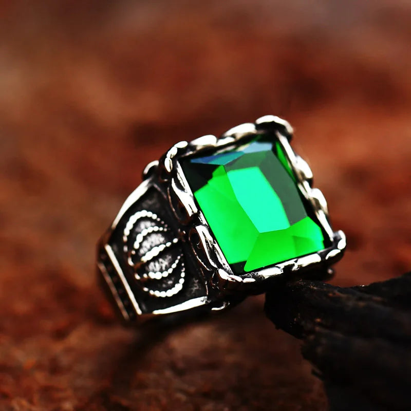 OAHLAN Wholesale Fashion Jewelry Crown Design Inlaid Red/Black/Green/Blue Gemstone Vintage Stainless Steel Rings for Men