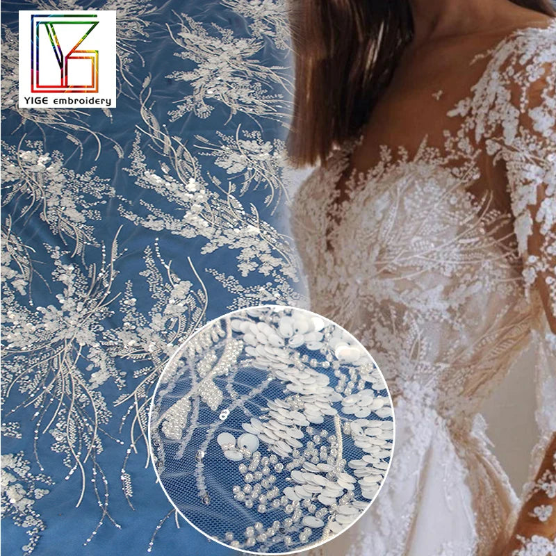 White Bridal Net Beaded Fabrics French Wedding Heavy Beads Embroidery Lace Sequin Tulle Dress Laces Fabrics for Women