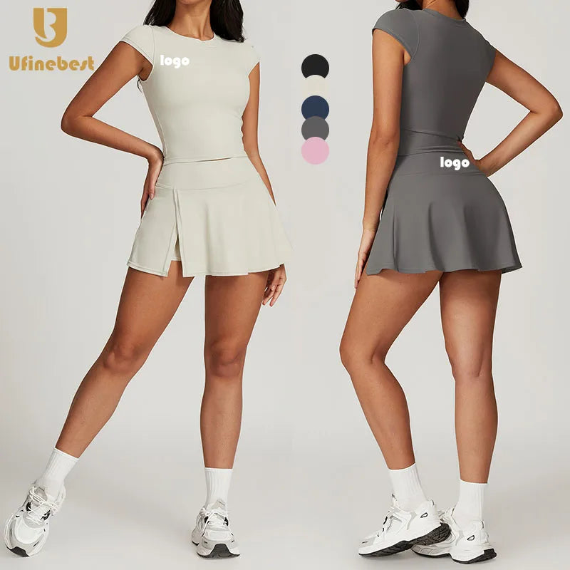 Custom Logo Women's Reversible Breathable Gym Yoga Short Set Tennis Skirt with Padded Top Streamline Fitness Sportswear
