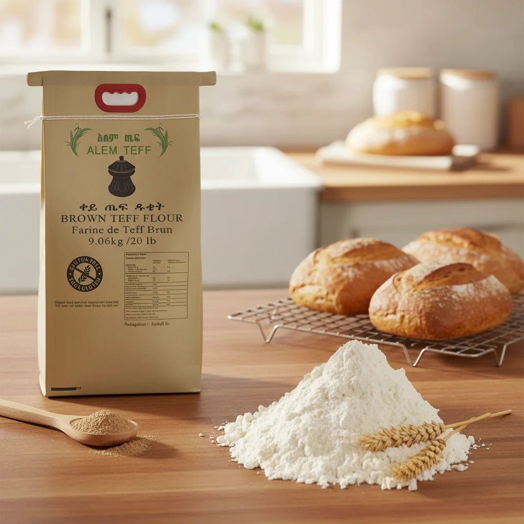 Custom logo and Printing Ethiopia Teff Flour Packaging Bag Farine De Teff 20lb Emballage Kraft Paper Laminated pp Woven Sack