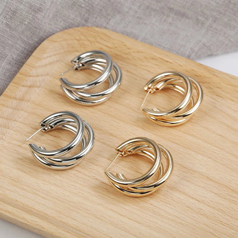 Elegant Female Gift Gold Silver Plated C-Shaped Hollow Hoop Tube Stud Earrings for Woman