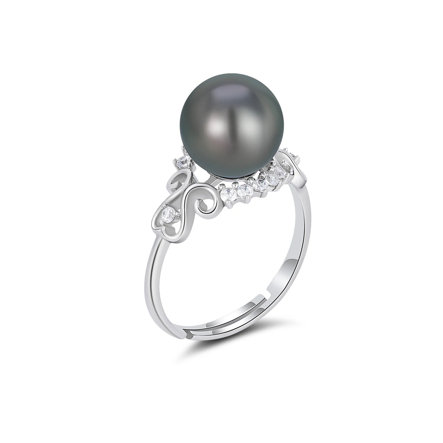 YBO Adjustable 925 Sterling Silver Hollow Rings Natural Seawater Tahitian Black Pearl CZ Wedding Party Rings Fine Jewelry