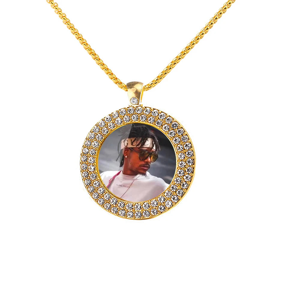 Trendy Gold Plated Custom Photo Medallion Necklace with Cubic Zircon and Link Chain