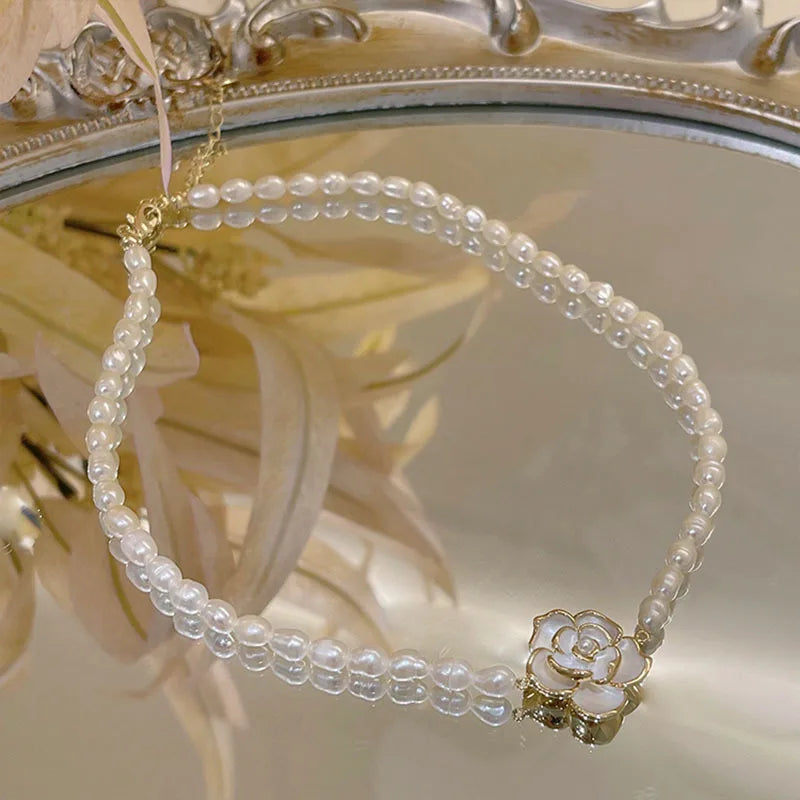 GT Pearl Camellia Necklace French Vintage Cubic Zircon Chain Flower Pendant Clavicle Necklaces for Women