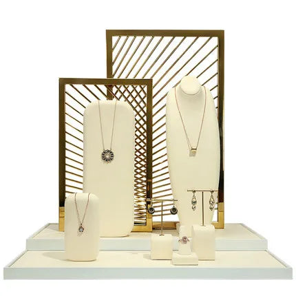 Luxury metal elegant beige jewelry set showcase display props jewellery store display stands
