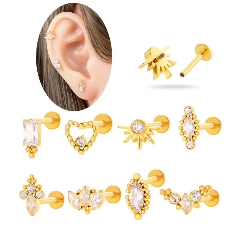HENGSEN 16G ASTM F136 Titanium Piercing Jewelry Half Sun Marquise Cut Prong Set CZ Internally Threaded Labret Ring