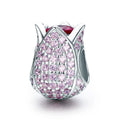 925 Sterling Silver Tulip Flower Petals Pink Zircon CZ Beads Fit Women Bracelet DIY Fashion Jewelry Making SCC569