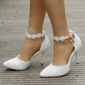 BUSY GIRL XY4215 White Lace Heeled Sandals for Women One-word Buckle Shoes with Stiletto Pointed Toe Wedding Shoes for Bride