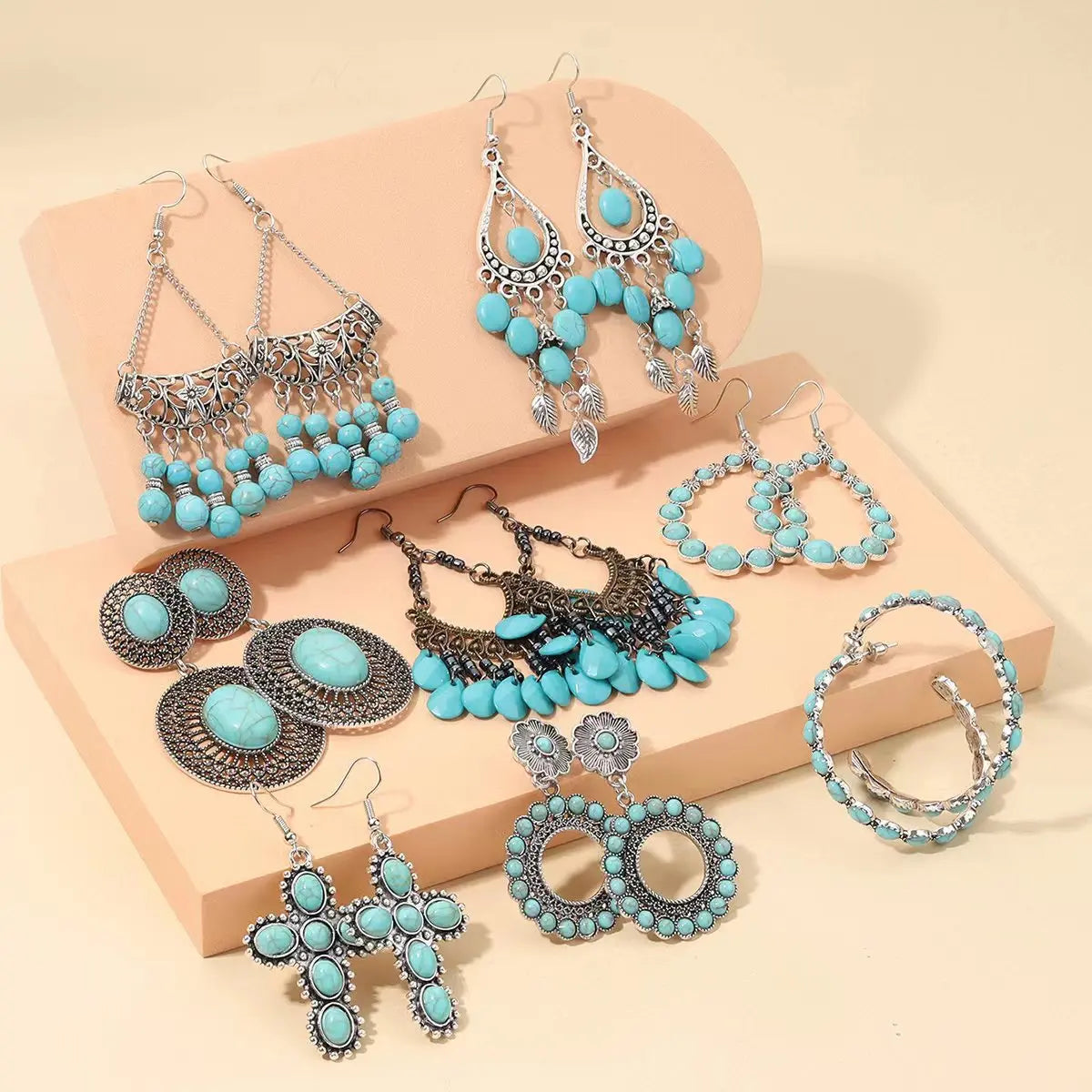 Retro Calaite Vacation Jewelry Women Western Bohemian Carved Pendant Earrings