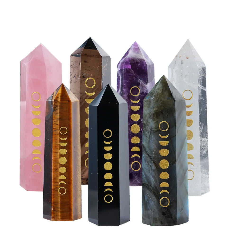 Natural Crystal Wand for Meditation Home Office Decoration Carved Moon Phase Single Pointed Tower