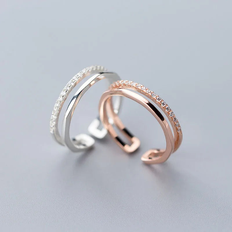 Unique Design 925 Sterling Silver Double Row CZ Pave Finger Ring S925 Women J5841