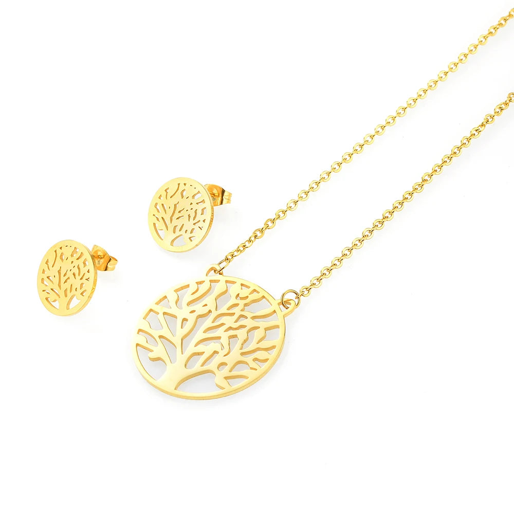 Vintage Style 18K Gold Plated Stainless Steel Tree of Life Necklace Earring Set for Wedding Engagement Anniversary Party Gift