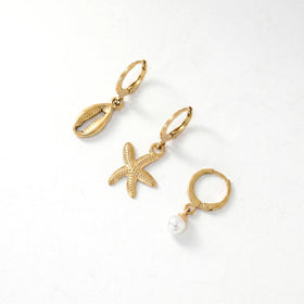 QIAOREN 11849 3Pcs Ocean Huggie Hoop Earrings Set Stainless Steel Gold Cowrie Shell Starfish Pearl Dangle Jewelry for Women US