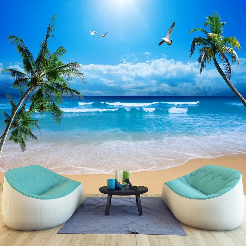 8D Sea View Beach Tv Background Wall Wallpaper Hotel Bedroom Blue Sky And White Clouds Scenery Wholesale Self-Adhesive Wallpaper