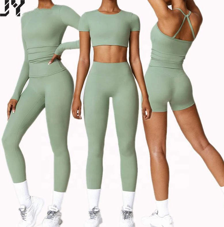 Joyyoung New Women Plus Size 5PCS Gym Clothing Yoga Set Scrunch Butt Pants and Long Sleeve Crop Top Workout Gym Fitness Sets