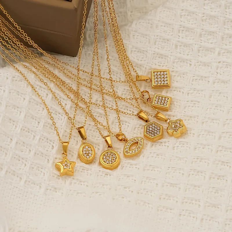 Trendy Fashion Stainless Steel Link Chain Necklace for Women's Party Simple Pentagram Geometric Zircon Pendant Necklace