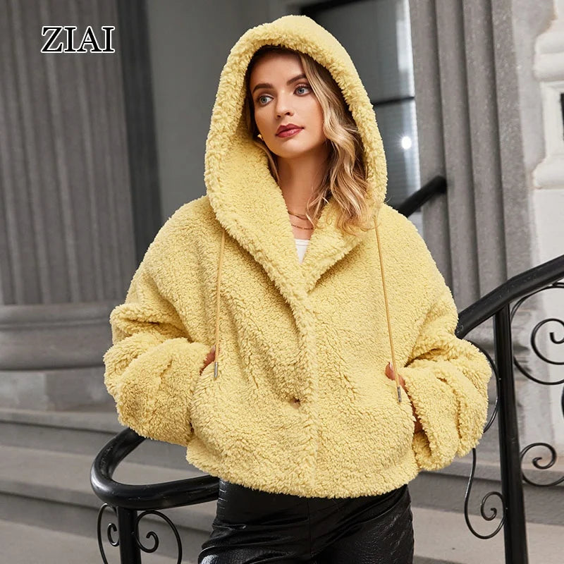 Wholesale Women's Oversize Yellow Puffer Fur Fluffy Coat Faux Fur Teddy Coat Shearling Jacket