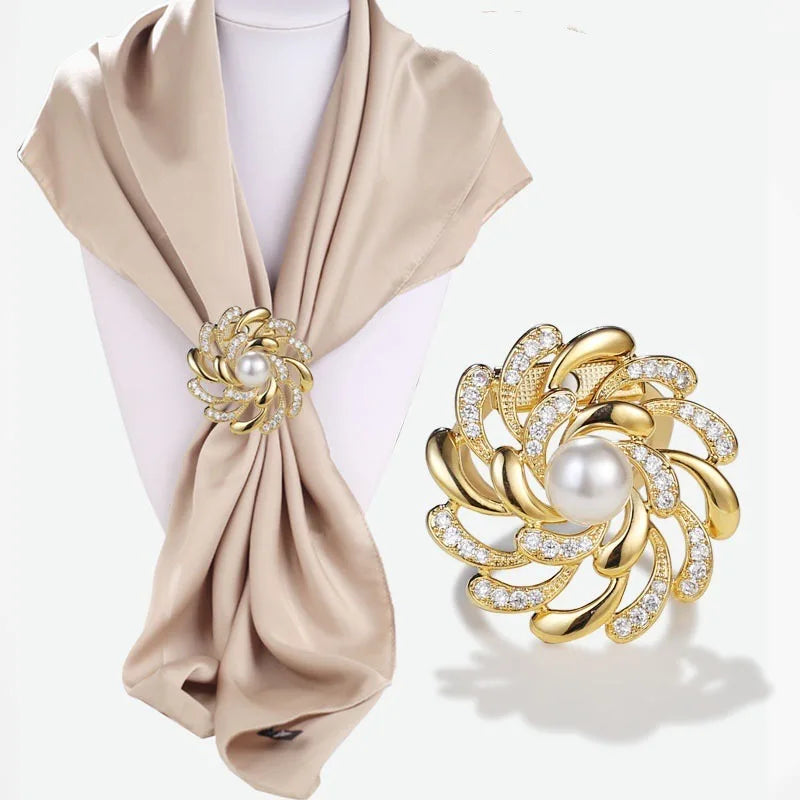 New Metal Rhinestone Scarf Buckle DIY Silk Scarf Crystal Flower Brooch T-shirt Decoration Pearl Buckle Ring Clip Jewelry Gift