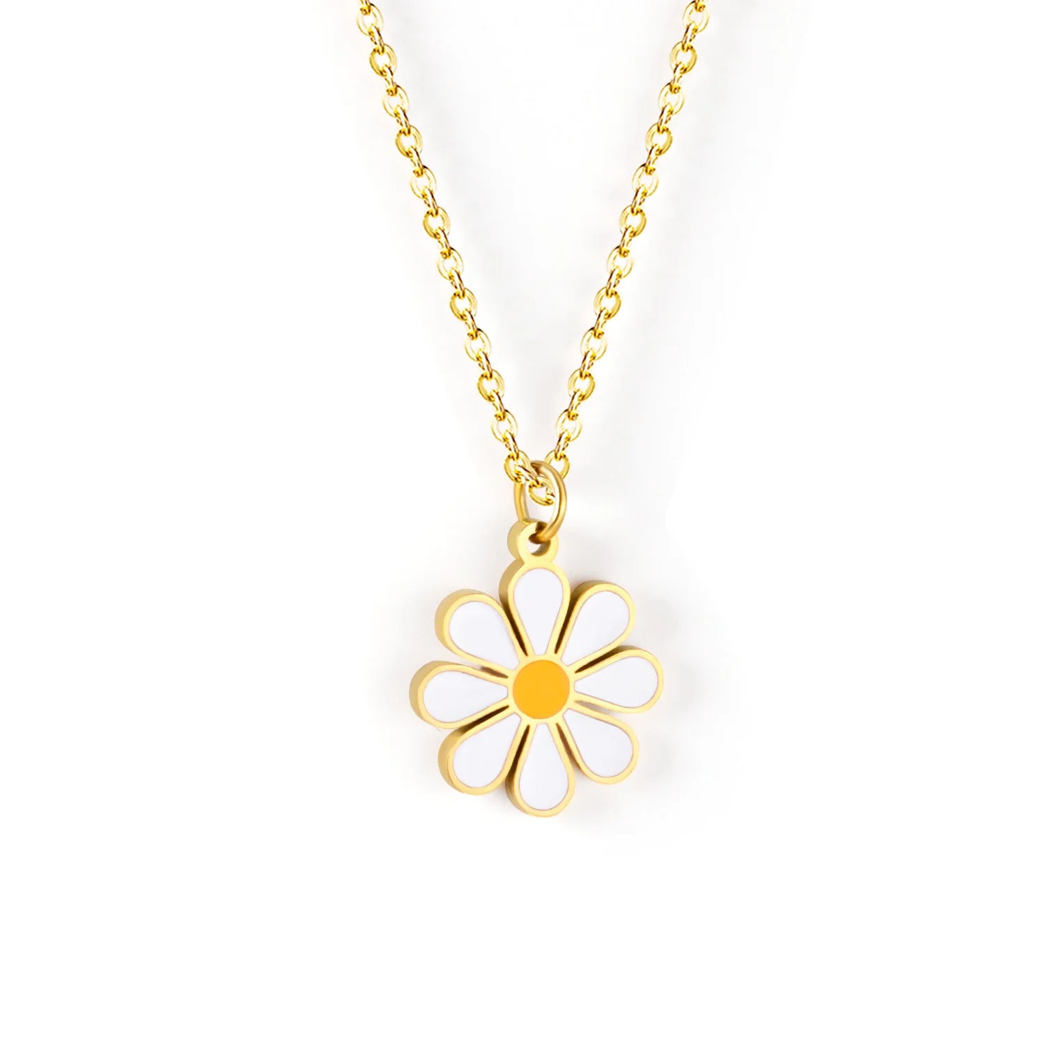 Fashion 18K PVD Gold Plated Trendy Simple Enamel Daisy Flower Jewelry Stainless Steel Chain Pendant Necklace for Women Girls