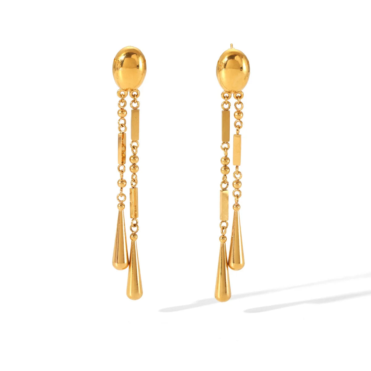 Ins Fashionable  Stainless Steel 18K Gold Plated Geometric Round Beads Square Water Drop Tassel Earrings for Girls
