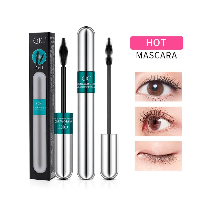 2 in 1 Makeup Waterproof Mascara Private Label False Lash Double  Effect Volume 4D Fiber Qic 4d Curling Black Mascara Eyelashes