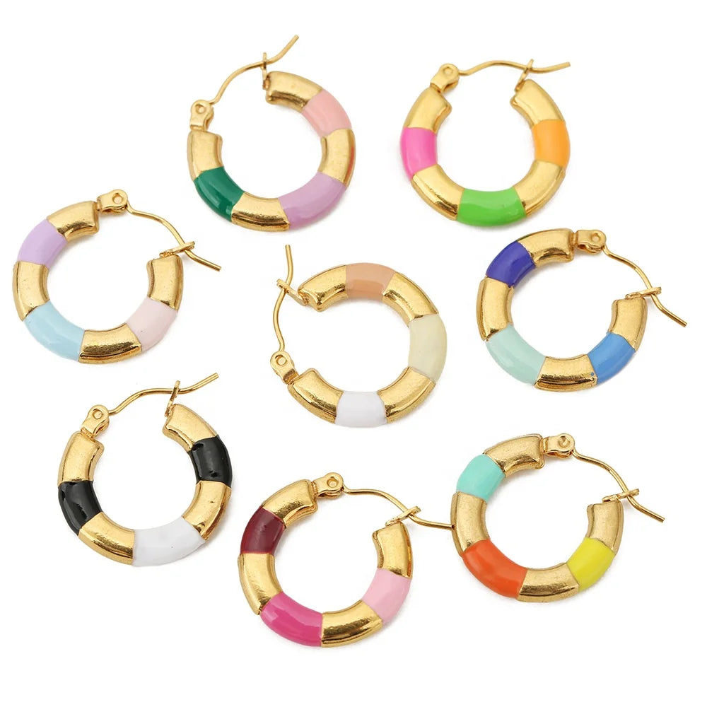Tarnish Free Real 18K Gold Plated Stainless Steel Round Summer Color Enamel Hoop Earrings