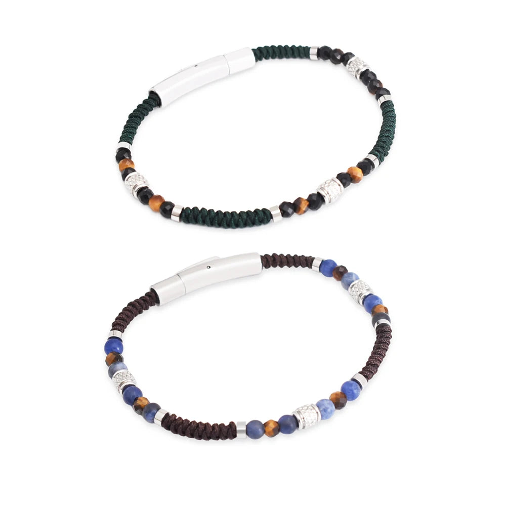 Faceted Natural Stone Bracelet for Men Stainless Steel Clasp Geometric Bead Nylon Cord Waterproof Daily Wear Jewelry