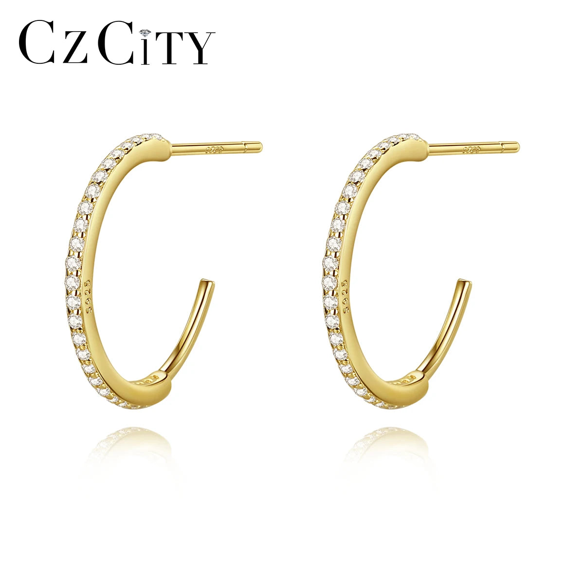 CZCITY Hot Unique Gold Hoop Huggie Earrings Women Real Gold Plated 925 Sterling Silver Hoop Earrings