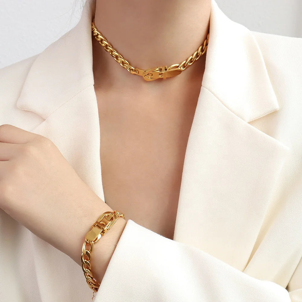 Waterproof Simple Stainless Steel 18k Gold Hip Hop Wind Watchband Buckle Necklace Bracelet Jewelry Set Women Wholesale Spot