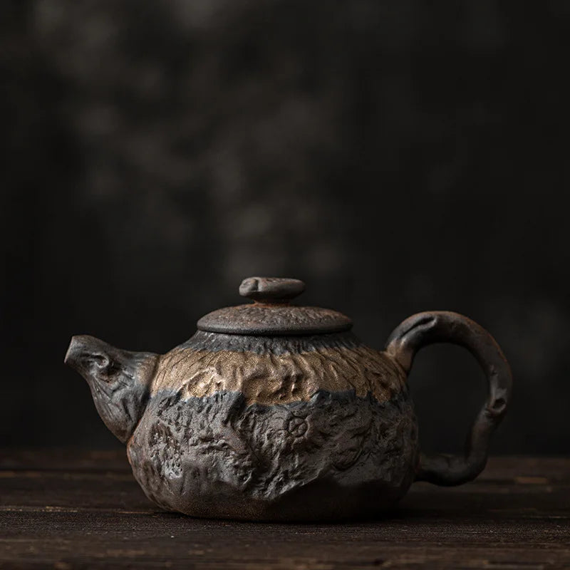 Japanese Gilding Iron Glaze Dry Zen Handle Pot Handmade Coarse Pottery Teapot Small Size Teakettle Tea Making Device