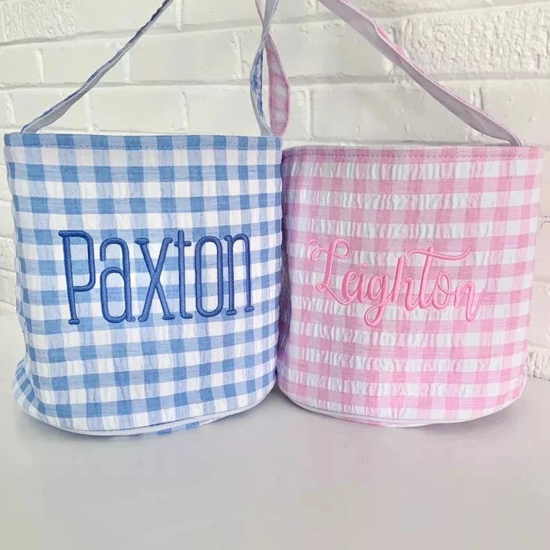 Personalized Easter Bag Sublimation Pink Blue Gingham Basket Wholesale Seersucker Easter Baskets