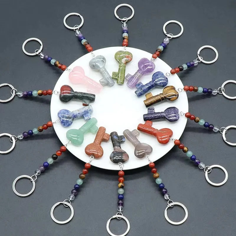 Wholesale Key Shaped Crystal Key Chain Natural 7 Chakra Bead Healing Stone Crystal Keychain