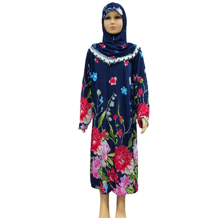 Muslim 1 Piece Girls Hijab Dress Kids Flower Abaya Hijab Khimar Niqab Burqa Jilbab Islamic Children Prayer Gown Kaftan Ramadan