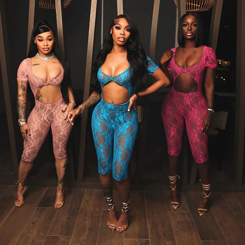 King Mcgreen Star Sexy Mesh See Through Cut Out Jumpsuits Short Sleeve Skinny Leggings Rompers Elegant Clothes Dress