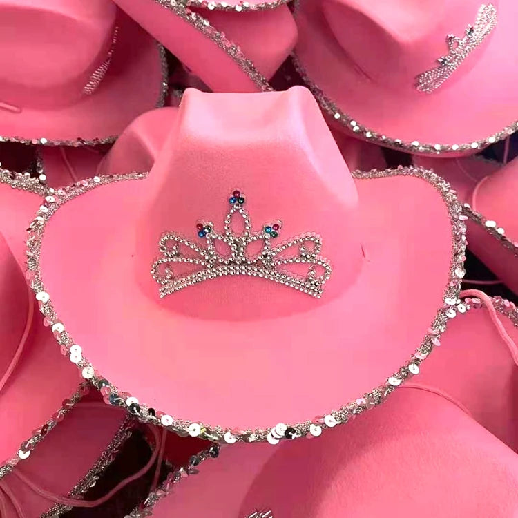 Novelty Pink Cowboy Hat Princess Cowgirl Costume Hat with Blinking Tiara for Women