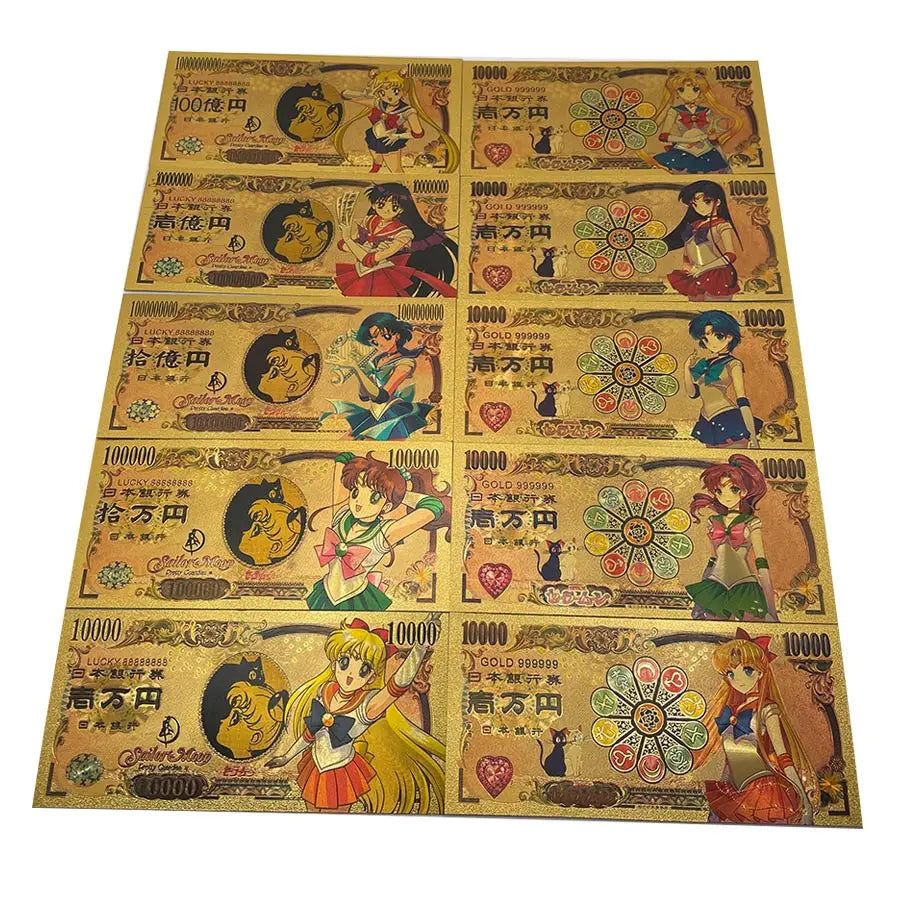 10 Types Japanese Cartoon Sailor Moon Anime Gold Banknote Souvenir Gifts and Collection Cards