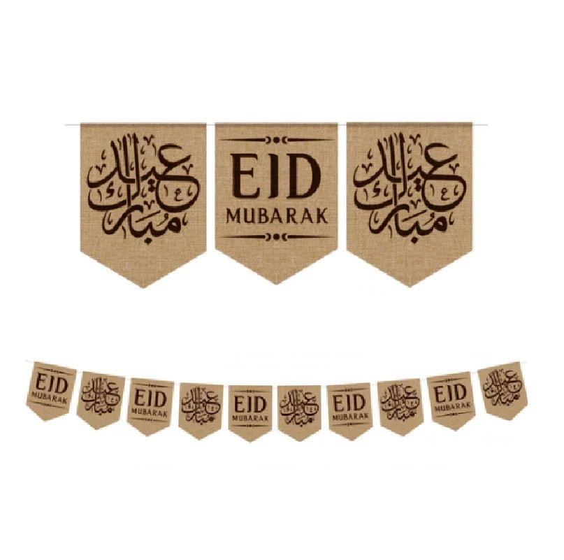 Islamic Eid Ramadan Kareem Decorations Jute Burlap Eid Mubarak Banner Bunting for Muslim Party Supplies and Celebrations