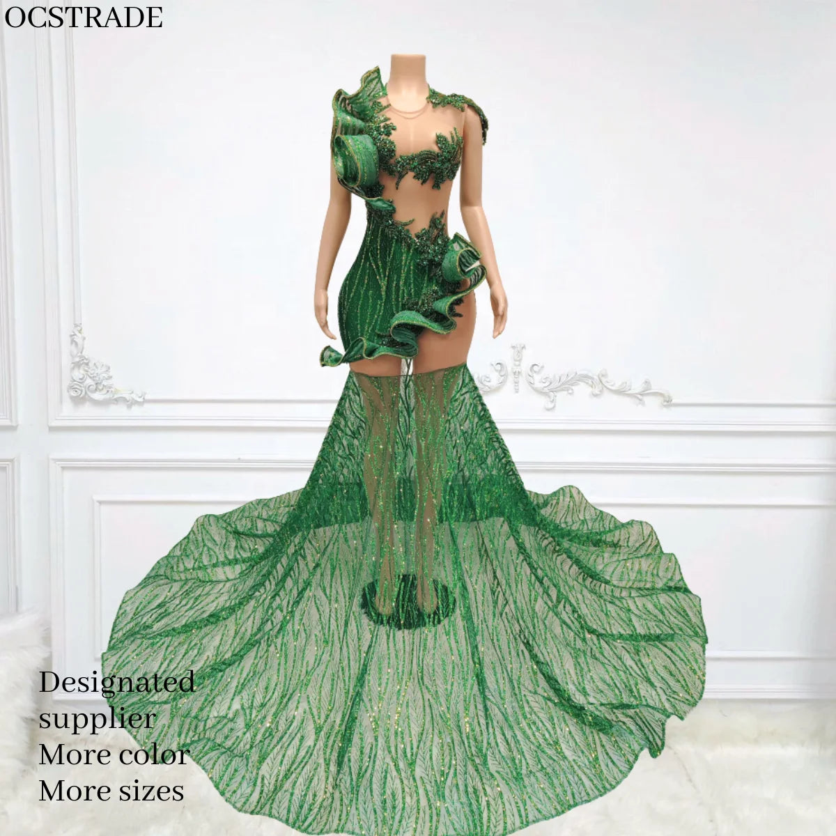 Ocstrade Luxury Rhinestone Ladies Prom Dresses 2025 Sequin Ruffle Sheer Mesh Transparent Birthday Elegant Ball Gown Prom Dress