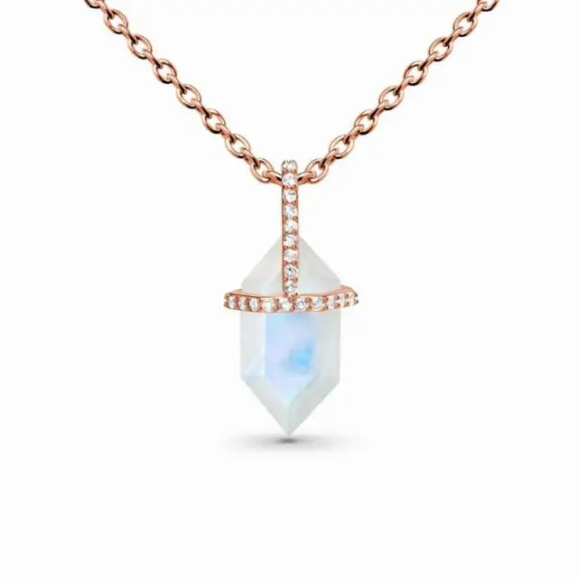 925 Sterling Silver Rose Gold Plated Hexagon Cut Natural Blue Moonstone Pendant Necklace Rainbow Moonstone Jewelry