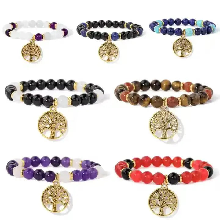 Handmade Natural Stone Tree of Life Pendant Elastic Bracelet tiger Eyes Turquoise Fashion Beads Bracelet