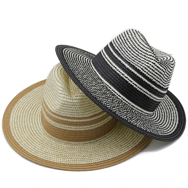 Summer Fashion Stripe Panama Hat Sun Hats for Women Men Beach Straw Hat UV Sun Protection Travel Cap
