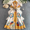 Vacation Style Niche Retro Suit Collar Single Breasted Waist Cinching Slimming Style Printed Large Swing Dress
