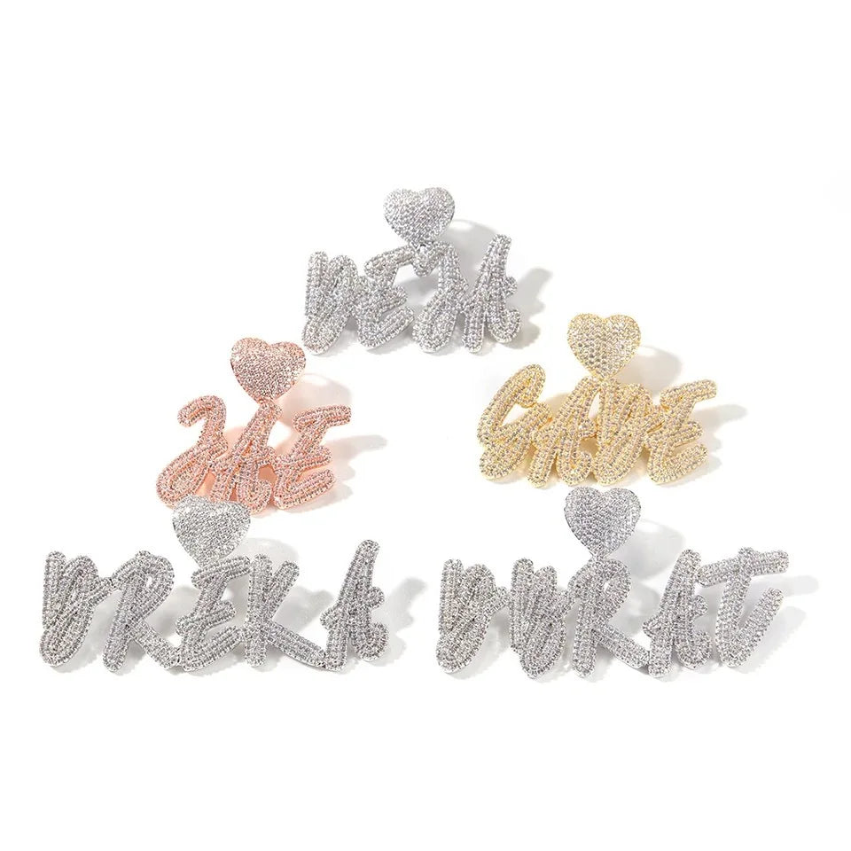 Customized Double Layer Cursive Letters Heart Hook Hip Hop Style Iced Cubic Zirconia Brass Pendant Necklace Fashion