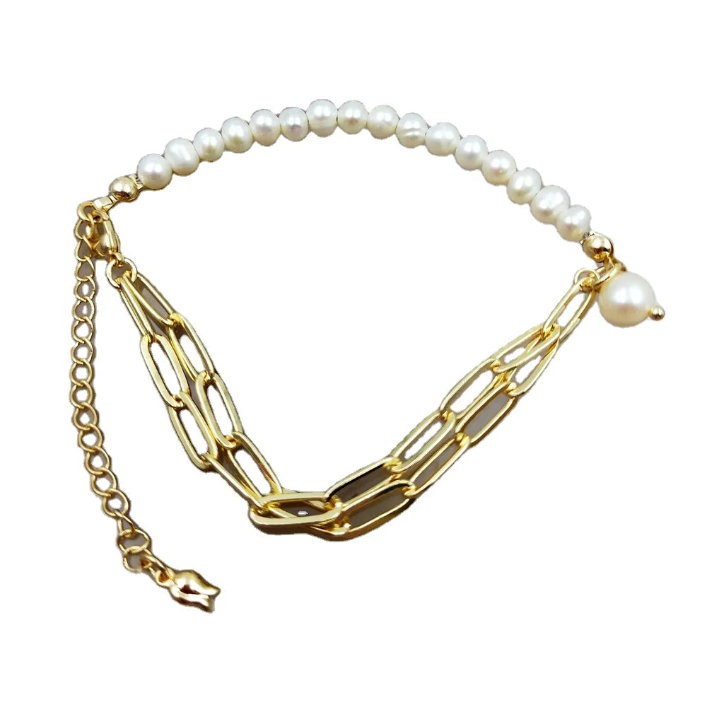 Korean Style Fashion 18k Gold Paperclip Chain Natural Freshwater Pearl Adjustable Bead Bracelet for Women Gift Handmade Jewelry