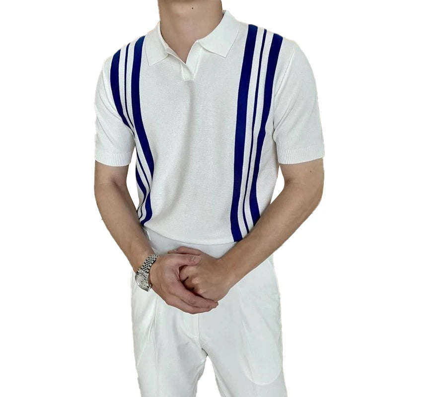 Summer Casual Striped Knit Pullover Turn-down Collar Short Sleeve Knit Sweater Knit Sweater for Men